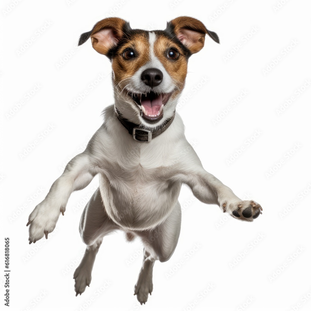 Jumping Jack Russell Terrier Dog. Isolated on Caucasian, White Background. Generative AI.