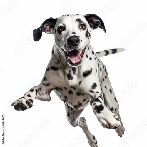 Jumping Dalmatian Dog. Isolated on Caucasian, White Background. Generative AI. © bomoge.pl