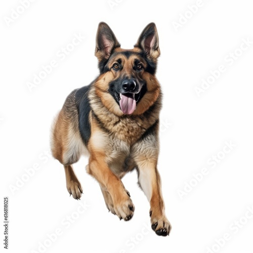 Jumping German Shepherd Dog. Isolated on Caucasian  White Background. Generative AI.