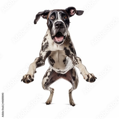 Jumping Great Dane Dog. Isolated on Caucasian, White Background. Generative AI.