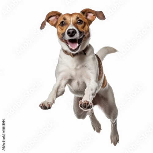 Jumping Jack Russell Terrier Dog. Isolated on Caucasian, White Background. Generative AI. © bomoge.pl