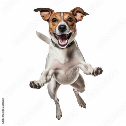 Jumping Jack Russell Terrier Dog. Isolated on Caucasian, White Background. Generative AI. © bomoge.pl
