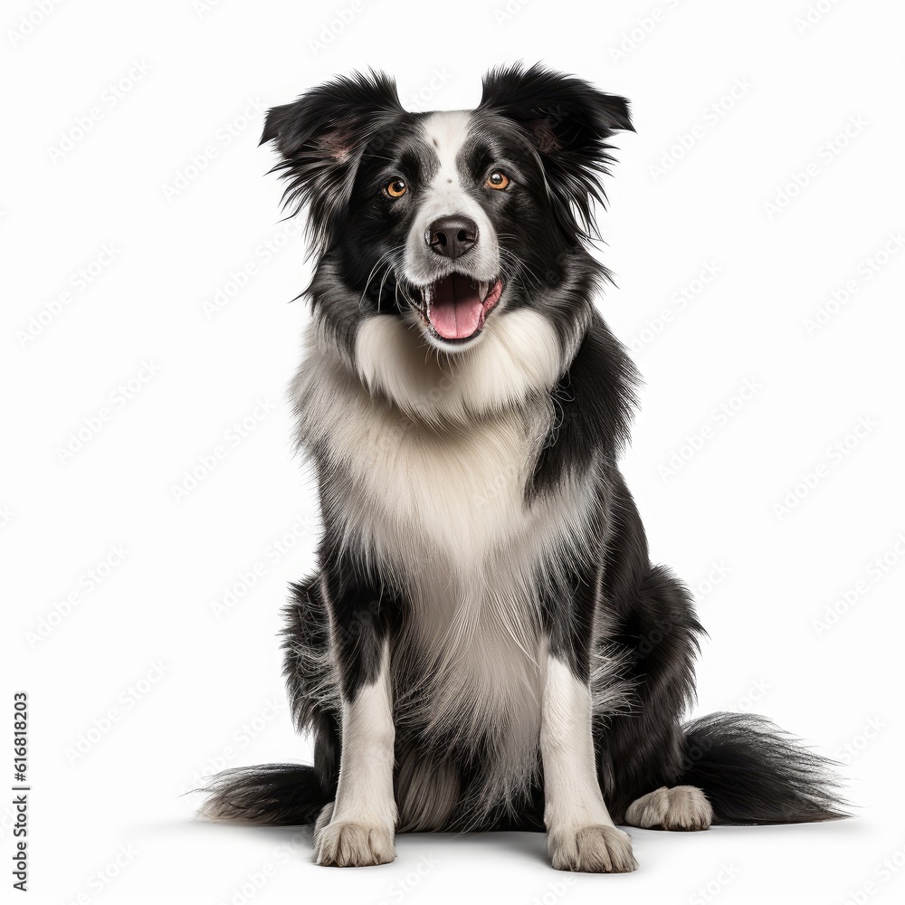 Sitting Border Collie Dog. Isolated on Caucasian, White Background. Generative AI.
