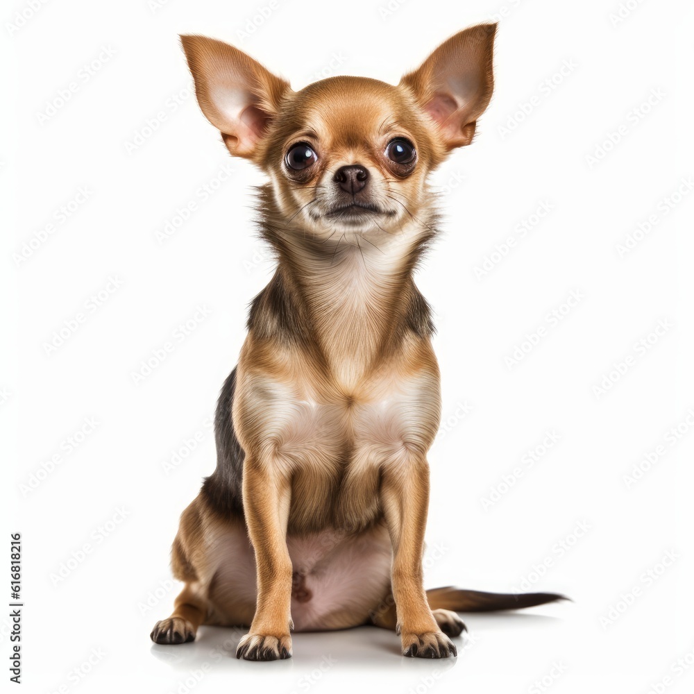 Sitting Chihuahua Dog. Isolated on Caucasian, White Background. Generative AI.