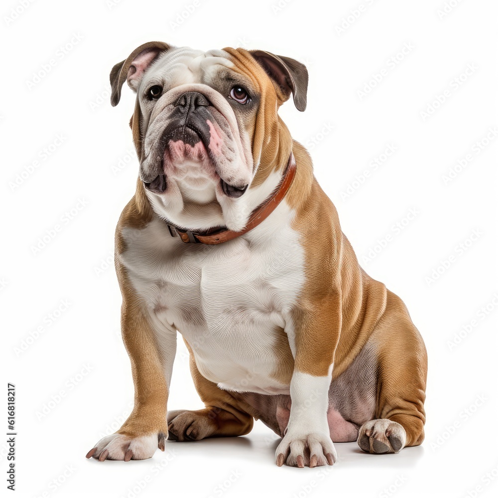 Sitting Bulldog Dog. Isolated on Caucasian, White Background. Generative AI.