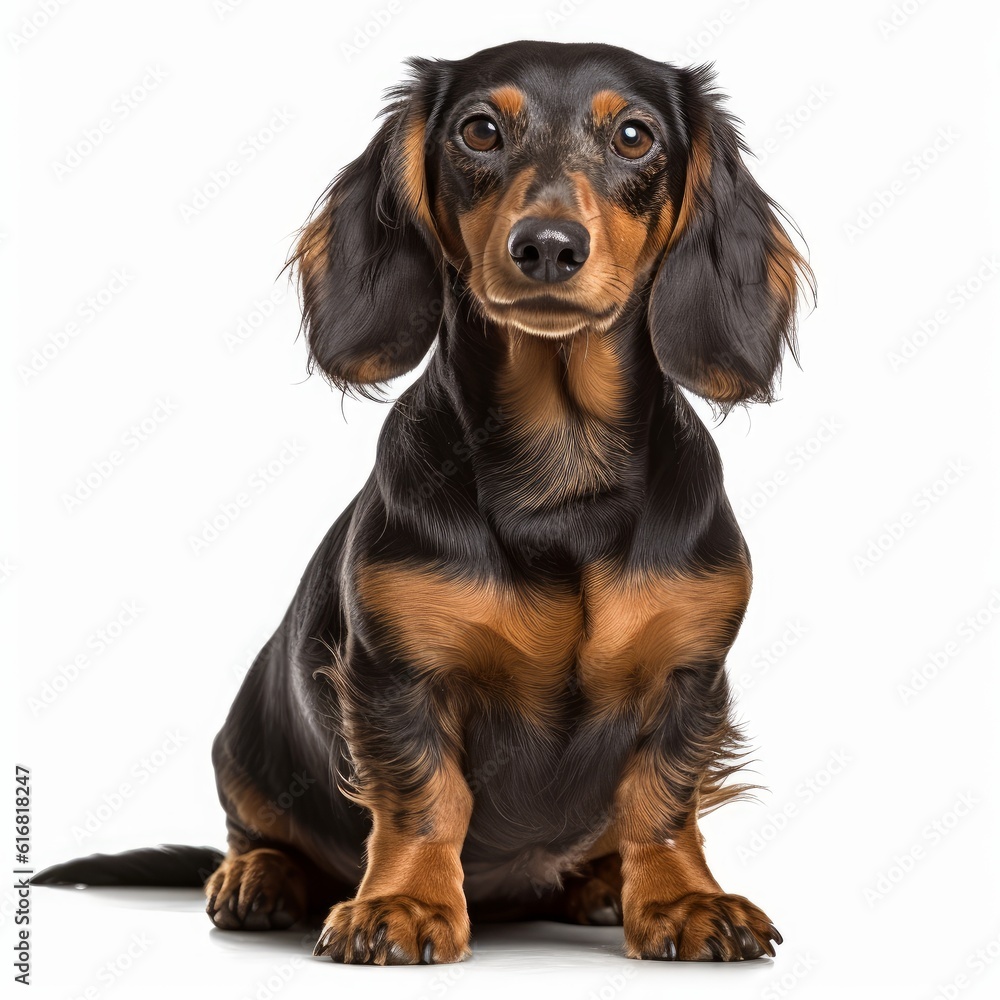 Sitting Dachshund Dog. Isolated on Caucasian, White Background. Generative AI. Sitting Dachshund Dog. Isolated on Caucasian, White Background. Generative AI.