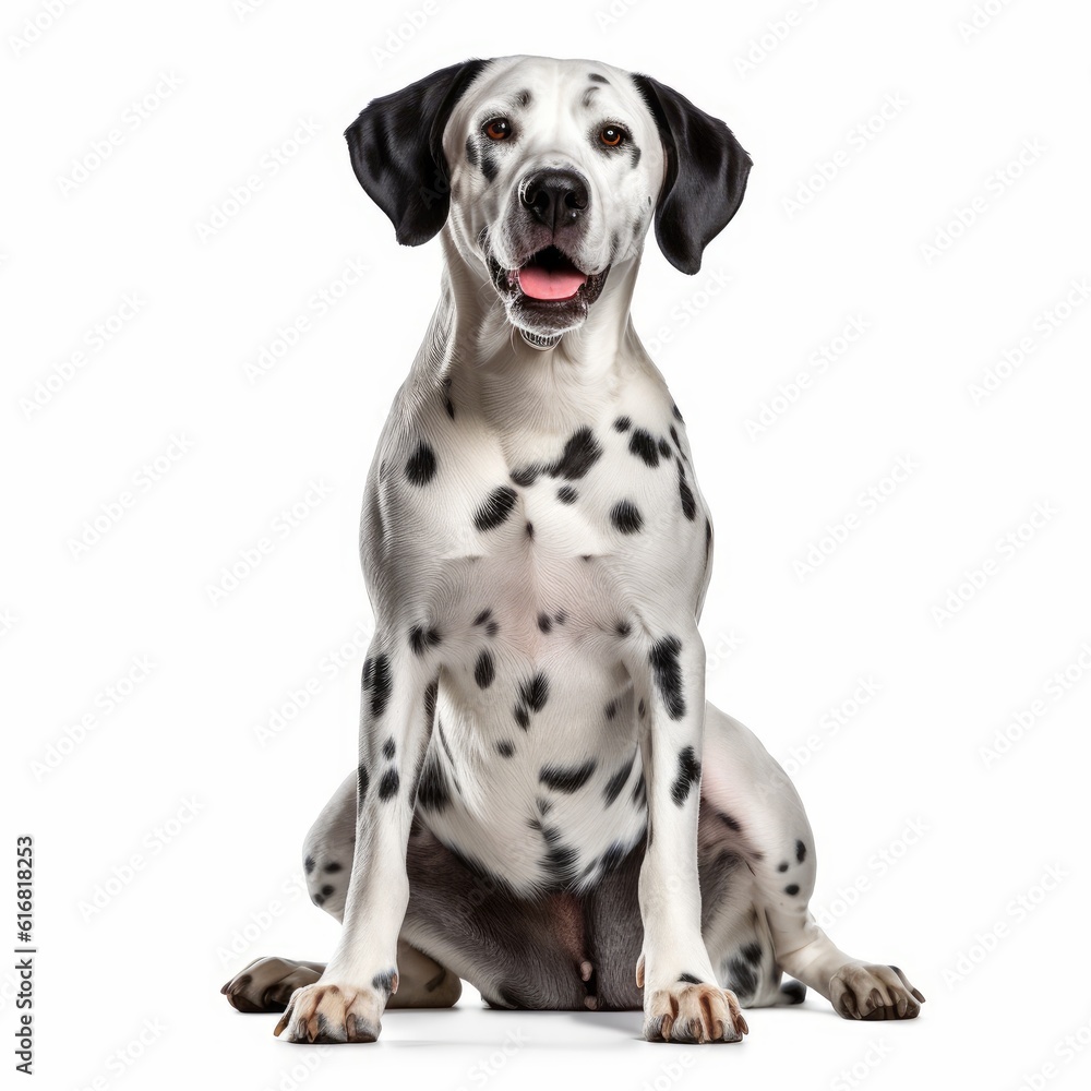 Sitting Dalmatian Dog. Isolated on Caucasian, White Background. Generative AI.