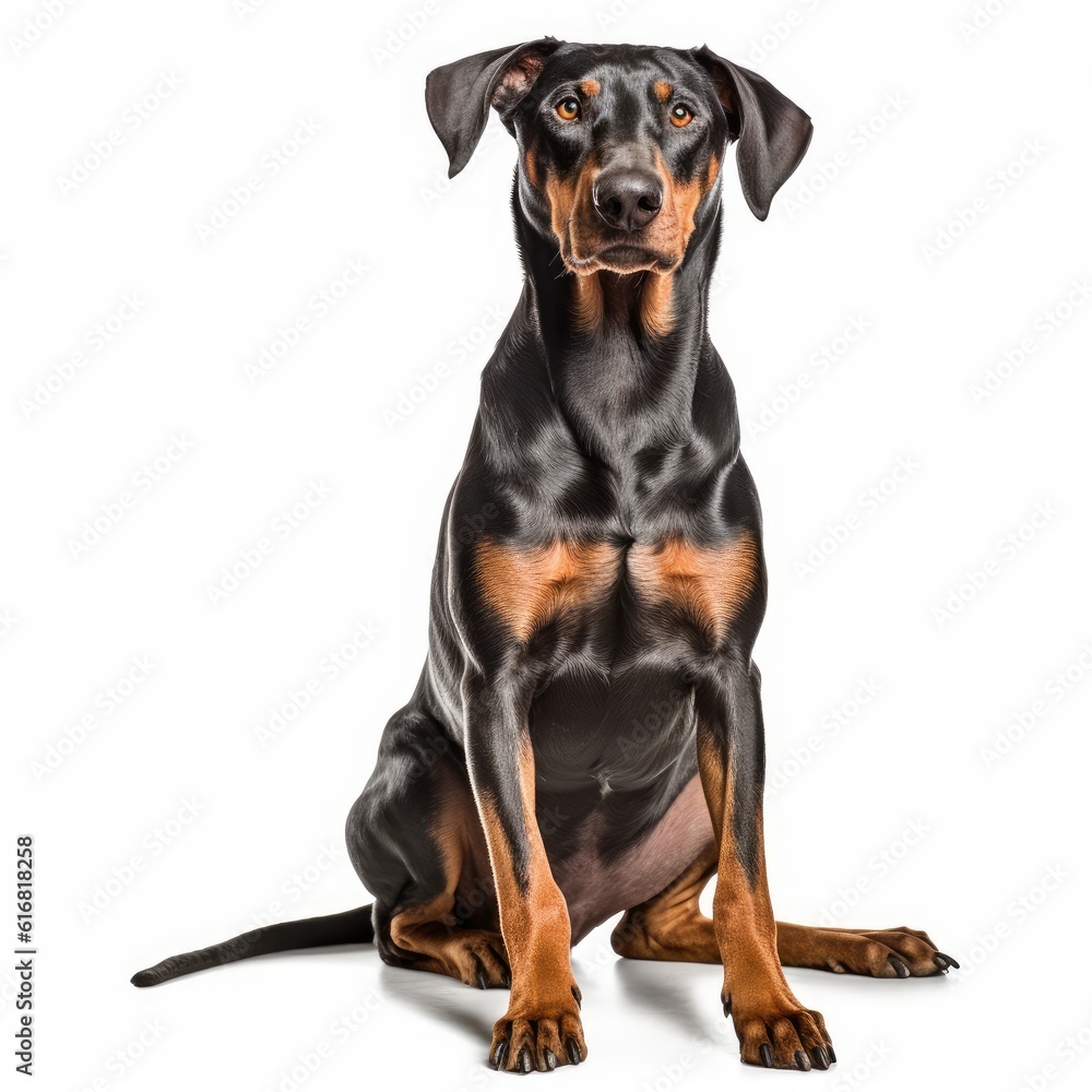 Sitting Doberman Pinscher Dog. Isolated on Caucasian, White Background. Generative AI. Sitting Doberman Pinscher Dog. Isolated on Caucasian, White Background. Generative AI.