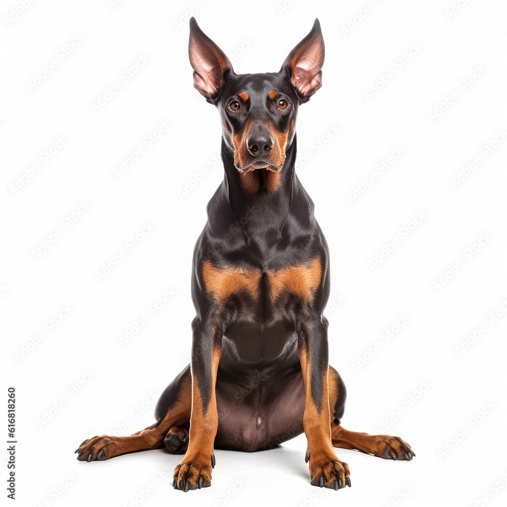 Sitting Doberman Pinscher Dog. Isolated on Caucasian, White Background. Generative AI. Sitting Doberman Pinscher Dog. Isolated on Caucasian, White Background. Generative AI.