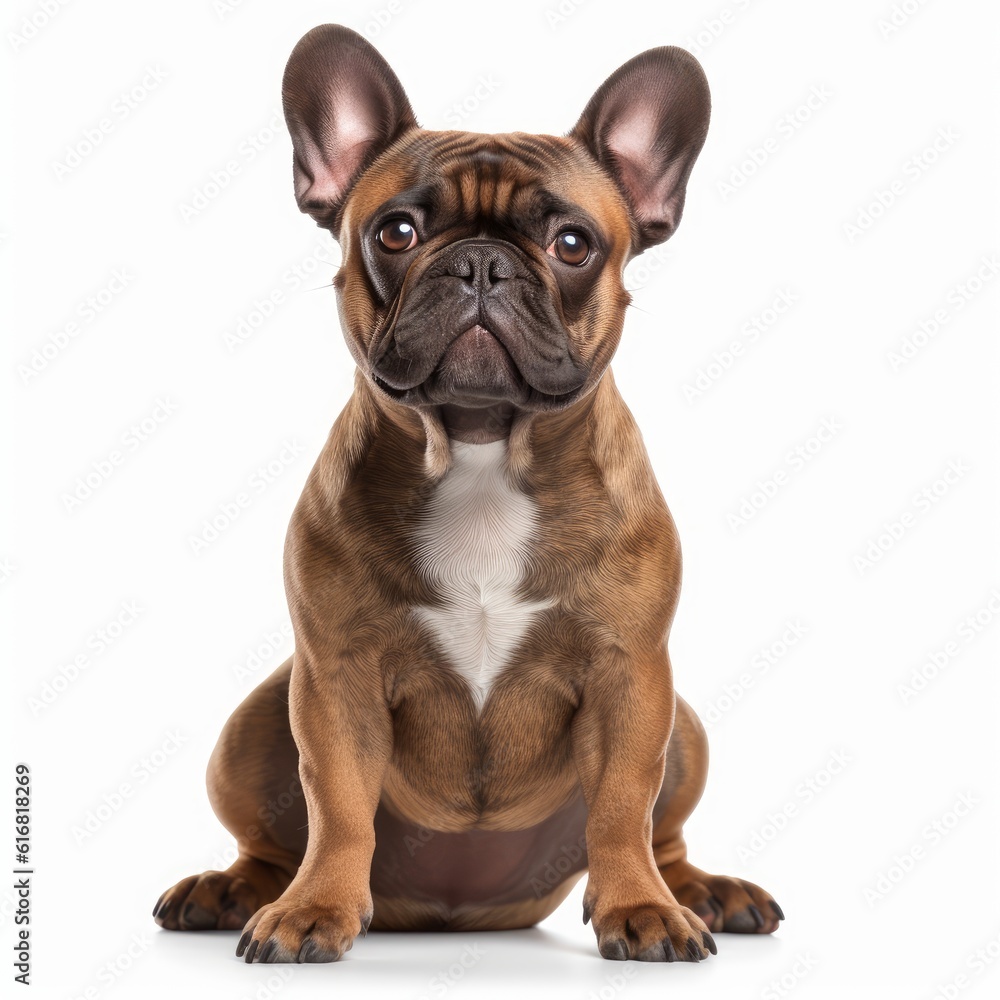 Sitting French Bulldog Dog. Isolated on Caucasian, White Background. Generative AI.