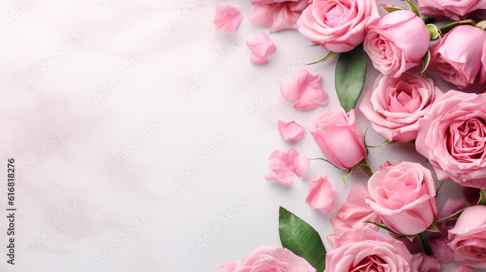 Decorative web banner. Close up of blooming pink roses flowers and petals isolated on white table background. Floral frame composition. Empty space, flat lay. Generative AI