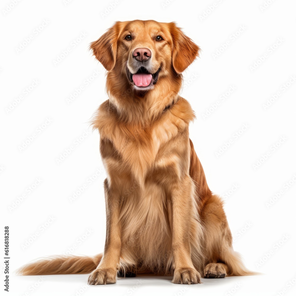 Sitting Golden Retriever Dog. Isolated on Caucasian, White Background. Generative AI.