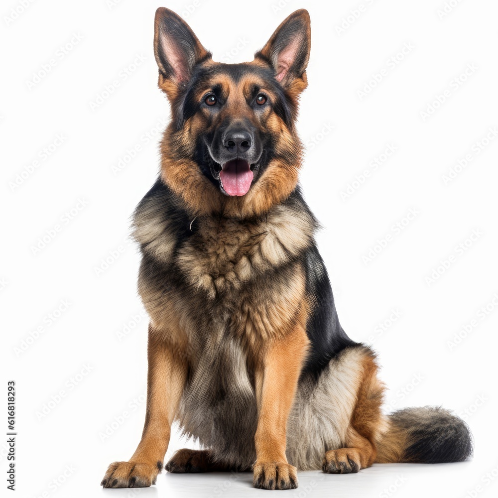 Sitting German Shepherd Dog. Isolated on Caucasian, White Background. Generative AI.