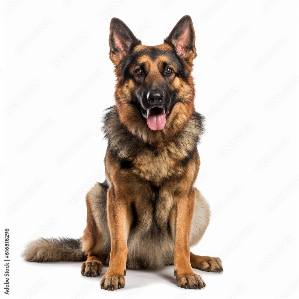 Sitting German Shepherd Dog. Isolated on Caucasian, White Background. Generative AI.