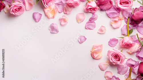 Fototapeta Naklejka Na Ścianę i Meble -  Decorative web banner. Close up of blooming pink roses flowers and petals isolated on white table background. Floral frame composition. Empty space, flat lay. Generative AI