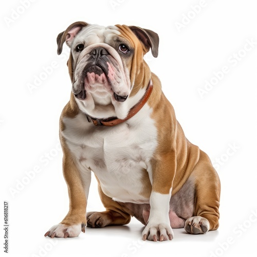 Sitting Bulldog Dog. Isolated on Caucasian, White Background. Generative AI.