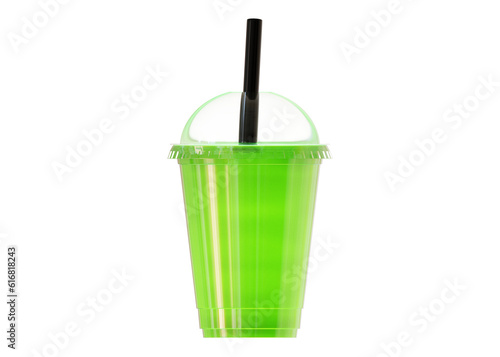 3d green apple juice in a plastic cup with a straw on isolated background. 3d rendering illustration.