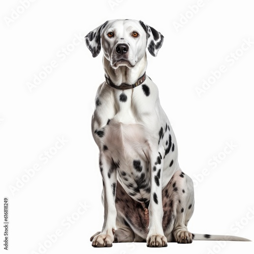 Sitting Dalmatian Dog. Isolated on Caucasian, White Background. Generative AI.