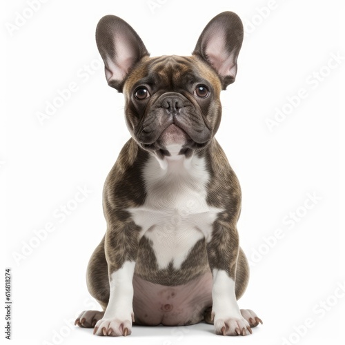 Sitting French Bulldog Dog. Isolated on Caucasian, White Background. Generative AI.