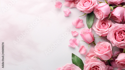 Obraz na płótnie Decorative web banner. Close up of blooming pink roses flowers and petals isolated on white table background. Floral frame composition. Empty space, flat lay. Generative AI w salonie