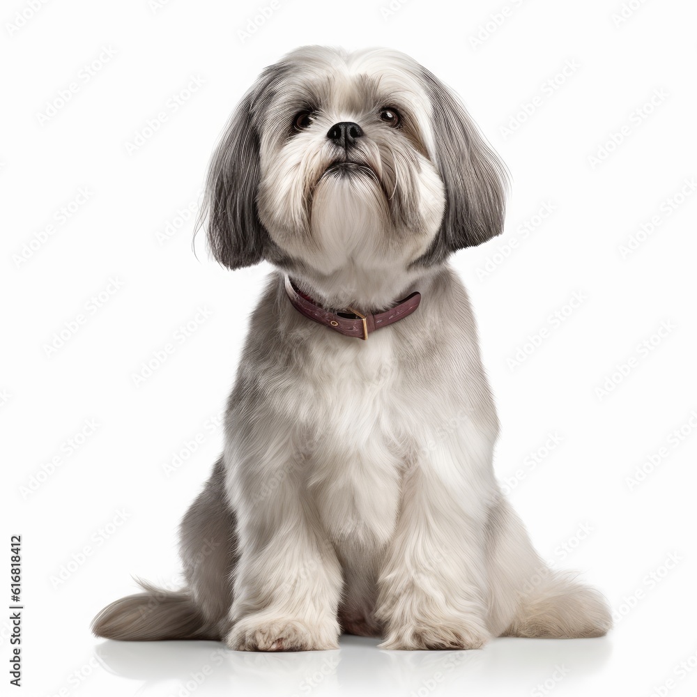 Sitting Shih Tzu Dog. Isolated on Caucasian, White Background. Generative AI. Sitting Shih Tzu Dog. Isolated on Caucasian, White Background. Generative AI.