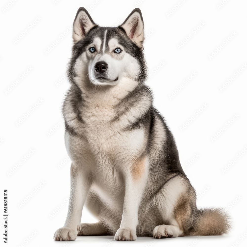 Sitting Siberian Husky Dog. Isolated on Caucasian, White Background. Generative AI. Sitting Siberian Husky Dog. Isolated on Caucasian, White Background. Generative AI.