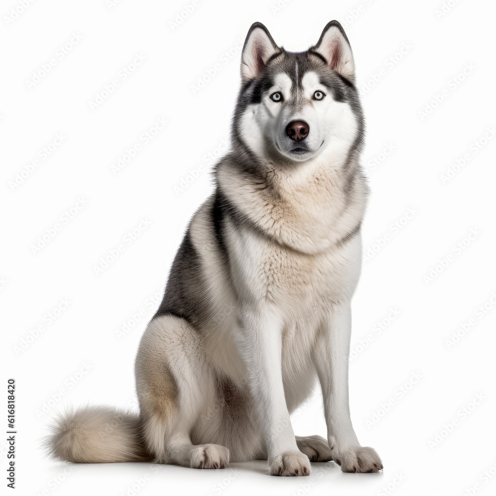 Sitting Siberian Husky Dog. Isolated on Caucasian, White Background. Generative AI.