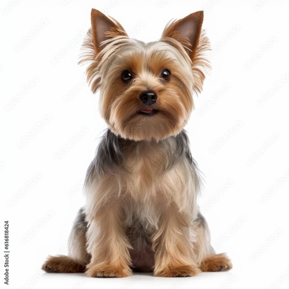 Sitting Yorkshire Terrier Dog. Isolated on Caucasian, White Background. Generative AI. Sitting Yorkshire Terrier Dog. Isolated on Caucasian, White Background. Generative AI.