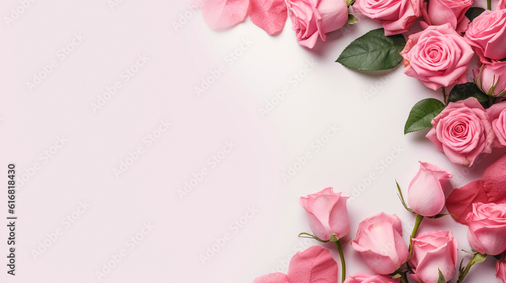 Decorative web banner. Close up of blooming pink roses flowers and petals isolated on white table background. Floral frame composition. Empty space, flat lay. Generative AI Decorative web banner. Close up of blooming pink roses flowers and petals isolated on white table background. Floral frame composition. Empty space, flat lay. Generative AI