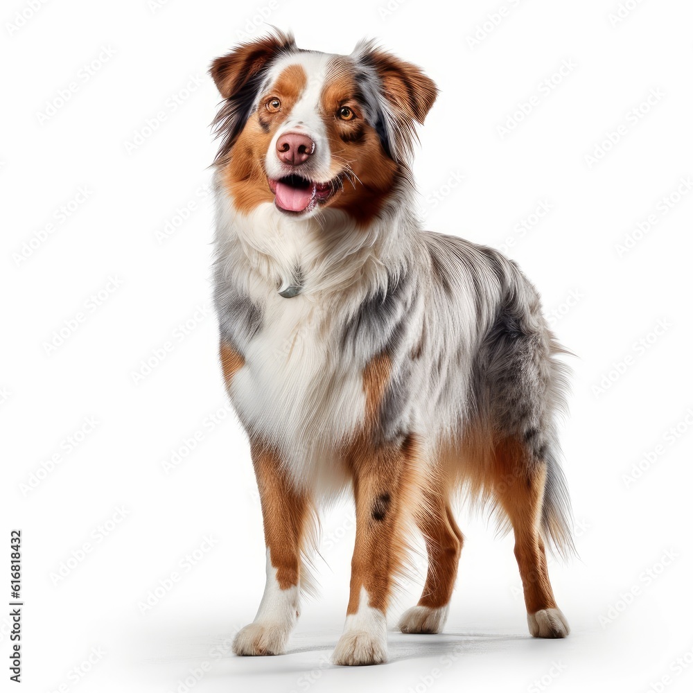 Standing Australian Shepherd Dog. Isolated on Caucasian, White Background. Generative AI.