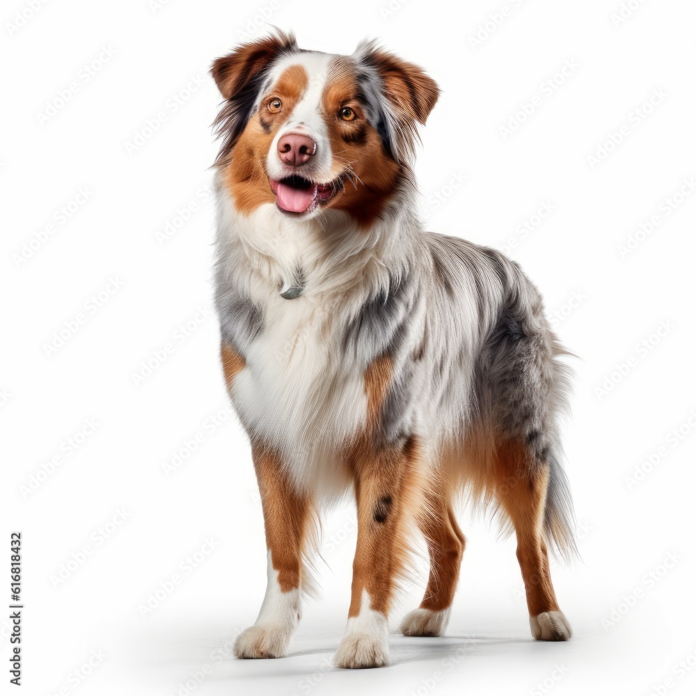 Standing Australian Shepherd Dog. Isolated on Caucasian, White Background. Generative AI. Standing Australian Shepherd Dog. Isolated on Caucasian, White Background. Generative AI.