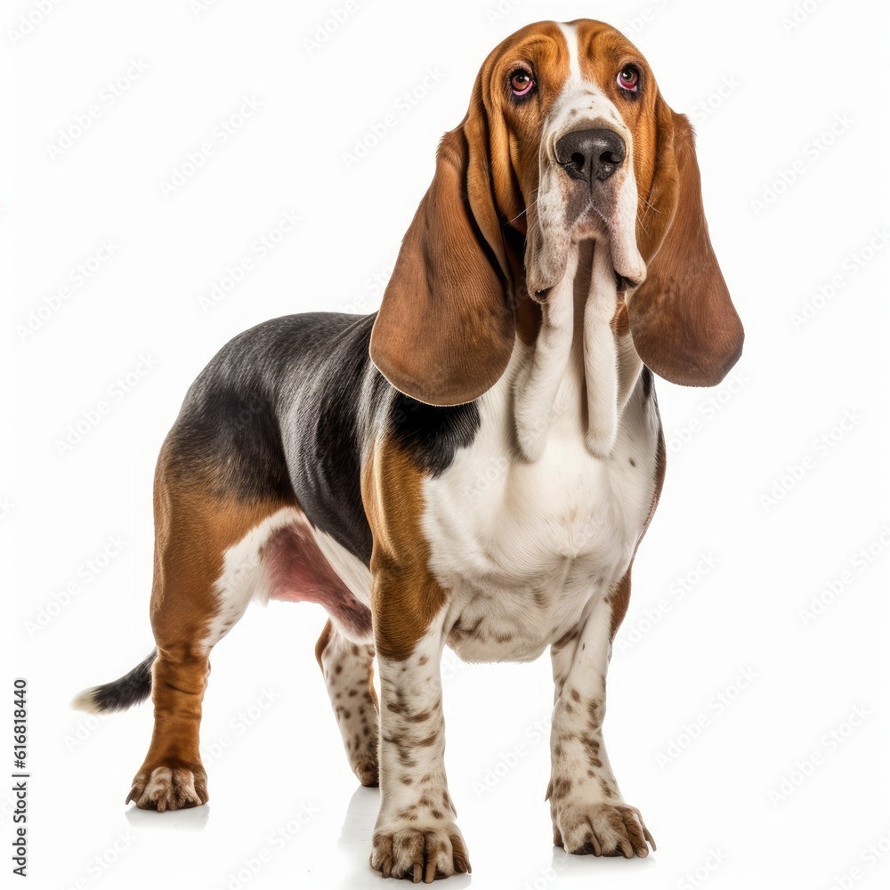 Standing Basset Hound Dog. Isolated on Caucasian, White Background. Generative AI.