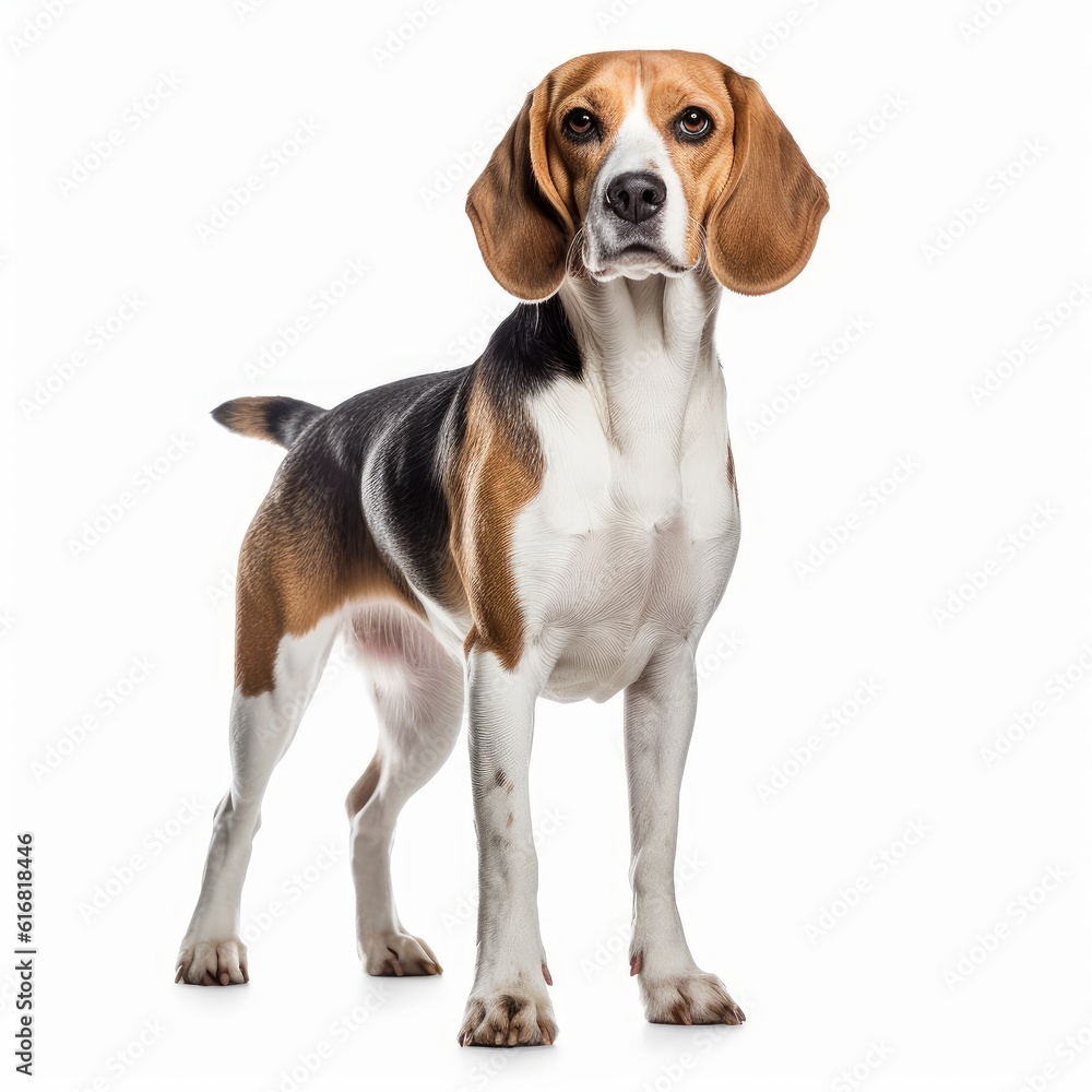 Standing Beagle Dog. Isolated on Caucasian, White Background. Generative AI.