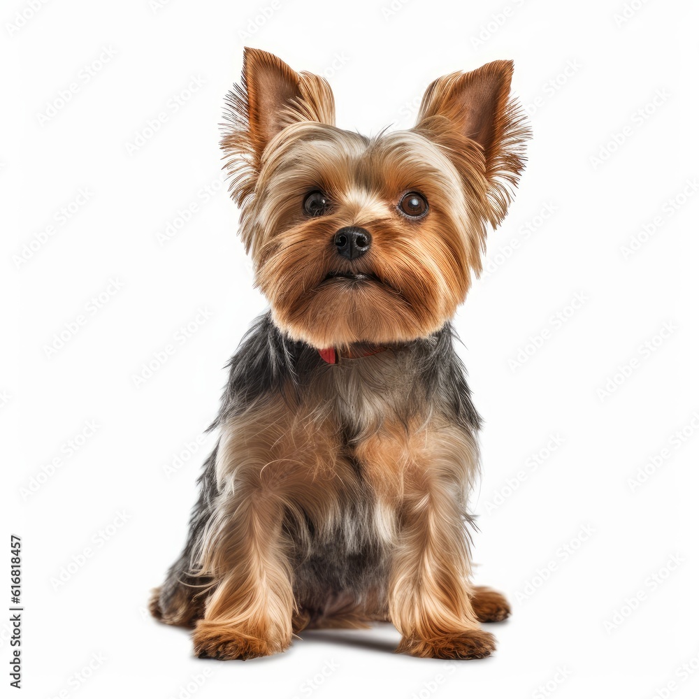 Sitting Yorkshire Terrier Dog. Isolated on Caucasian, White Background. Generative AI. Sitting Yorkshire Terrier Dog. Isolated on Caucasian, White Background. Generative AI.