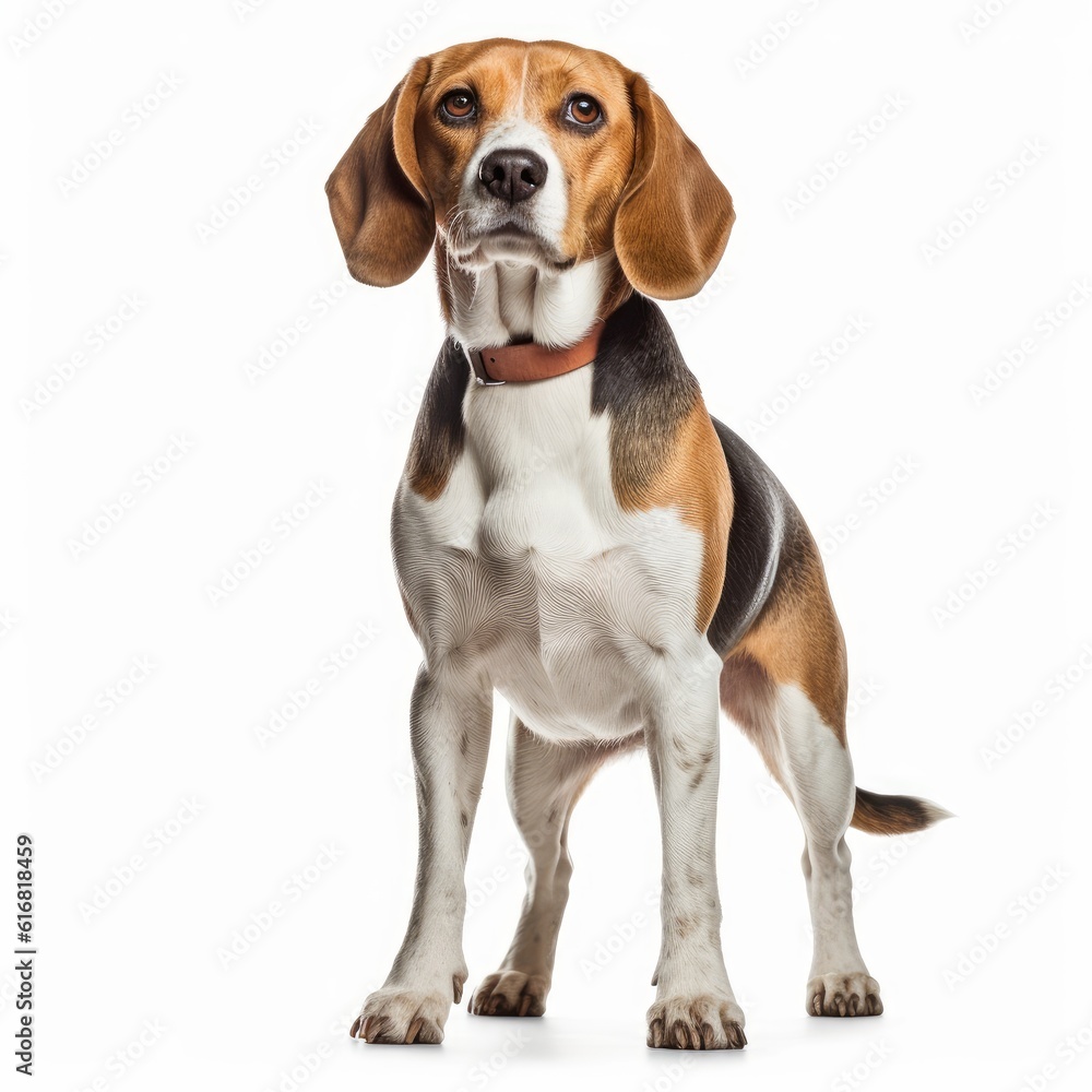 Standing Beagle Dog. Isolated on Caucasian, White Background. Generative AI.