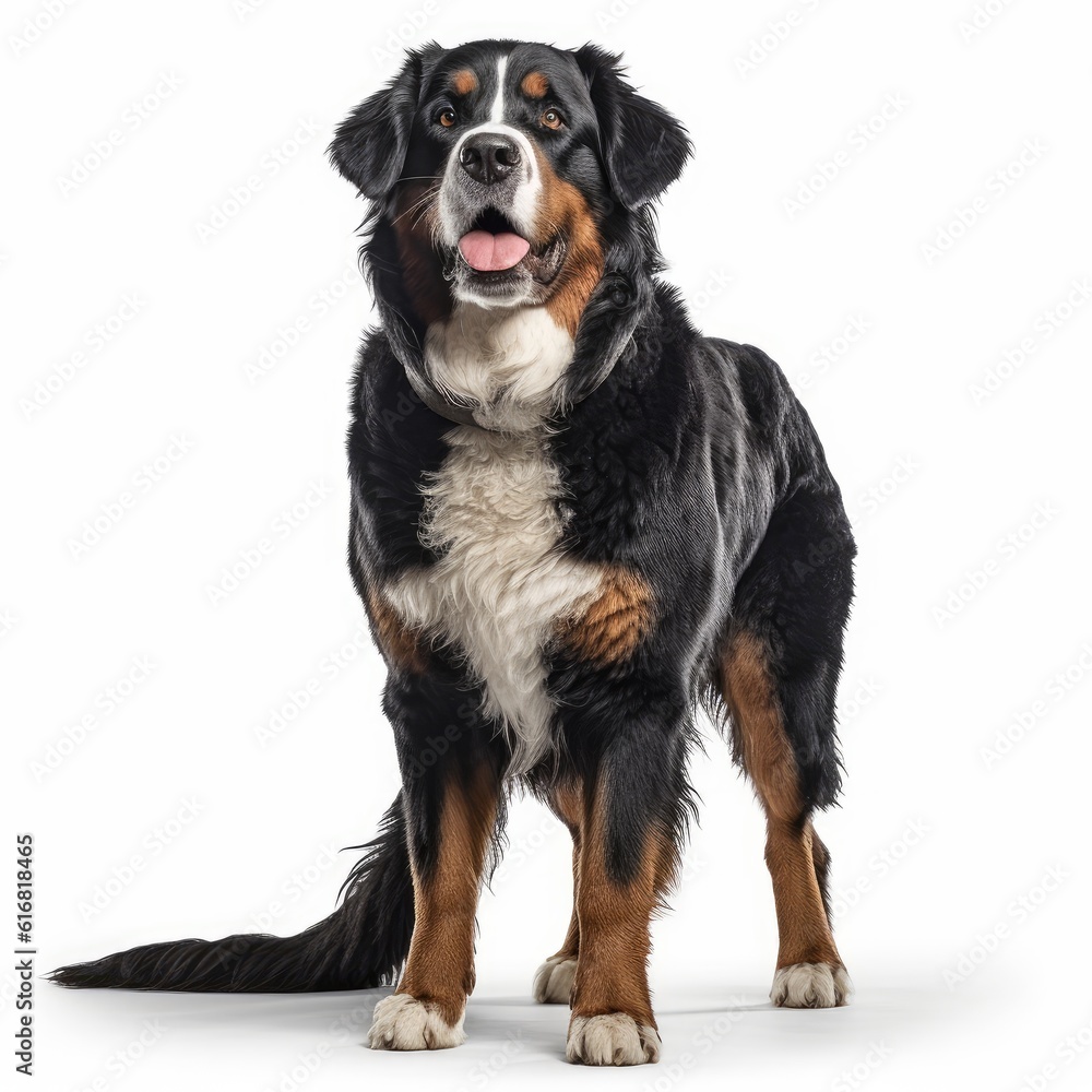 Standing Bernese Mountain Dog. Isolated on Caucasian, White Background. Generative AI.
