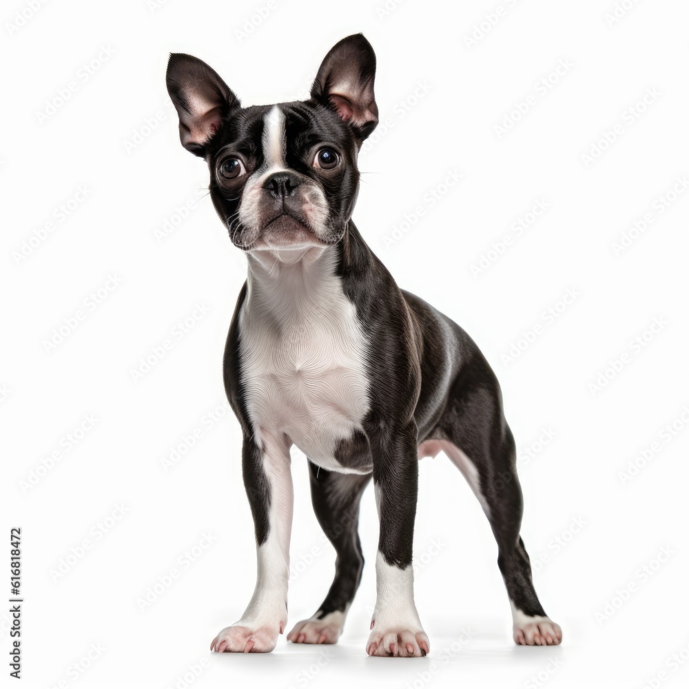 Standing Boston Terrier Dog. Isolated on Caucasian, White Background. Generative AI.