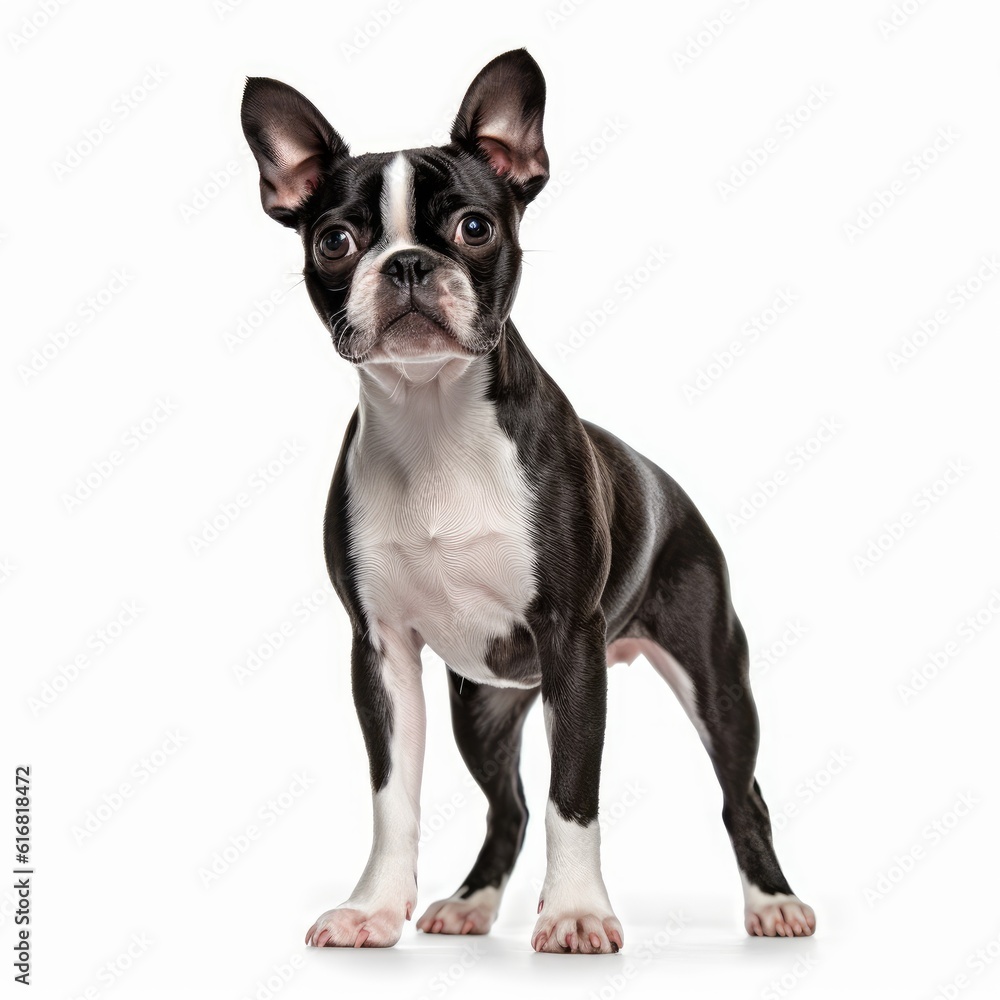 Standing Boston Terrier Dog. Isolated on Caucasian, White Background. Generative AI. Standing Boston Terrier Dog. Isolated on Caucasian, White Background. Generative AI.