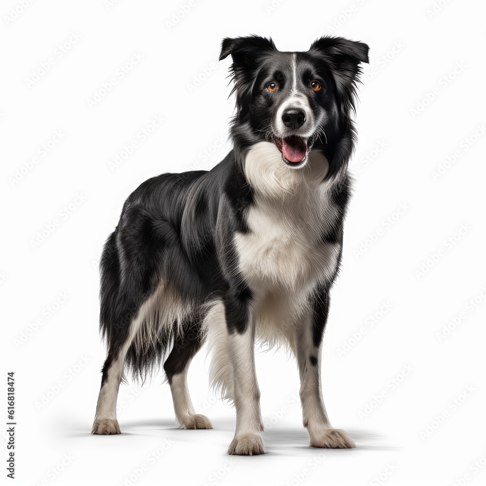 Standing Border Collie Dog. Isolated on Caucasian, White Background. Generative AI.