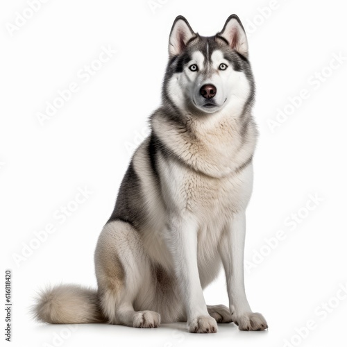 Sitting Siberian Husky Dog. Isolated on Caucasian  White Background. Generative AI.