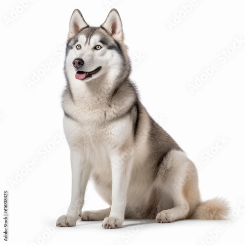 Sitting Siberian Husky Dog. Isolated on Caucasian  White Background. Generative AI.