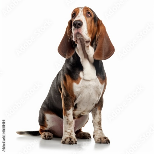 Standing Basset Hound Dog. Isolated on Caucasian, White Background. Generative AI.
