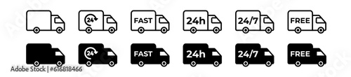 Delivery Truck icon set. Express delivery trucks icons. Fast shipping truck. Free delivery 24 hours. Logistic trucking sign. Vector illustration. Isolated on white background.