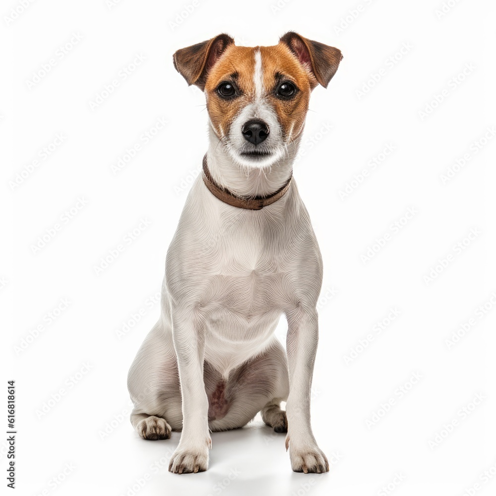 Standing Jack Russell Terrier Dog. Isolated on Caucasian, White Background. Generative AI.