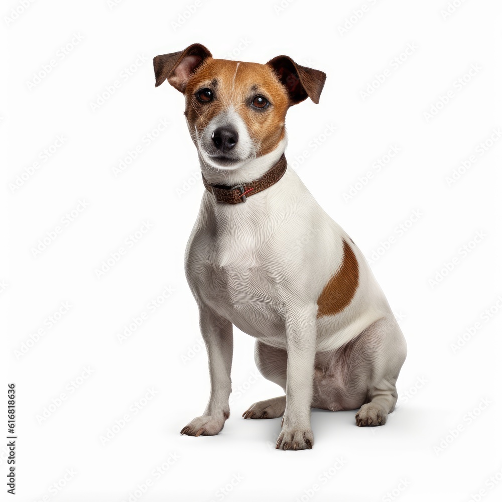 Standing Jack Russell Terrier Dog. Isolated on Caucasian, White Background. Generative AI.