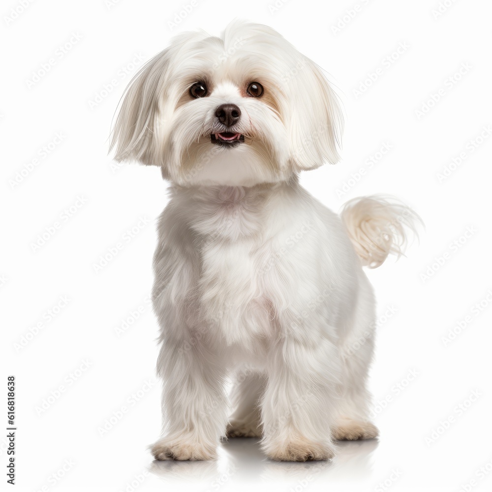 Standing Maltese Dog. Isolated on Caucasian, White Background. Generative AI.