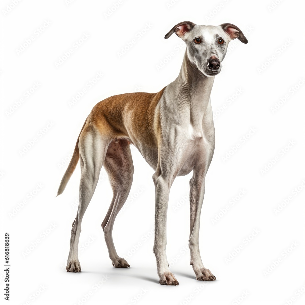 Standing Greyhound Dog. Isolated on Caucasian, White Background. Generative AI.