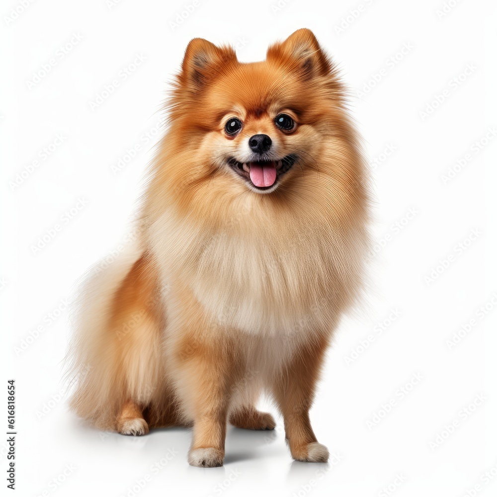 Standing Pomeranian Dog. Isolated on Caucasian, White Background. Generative AI.