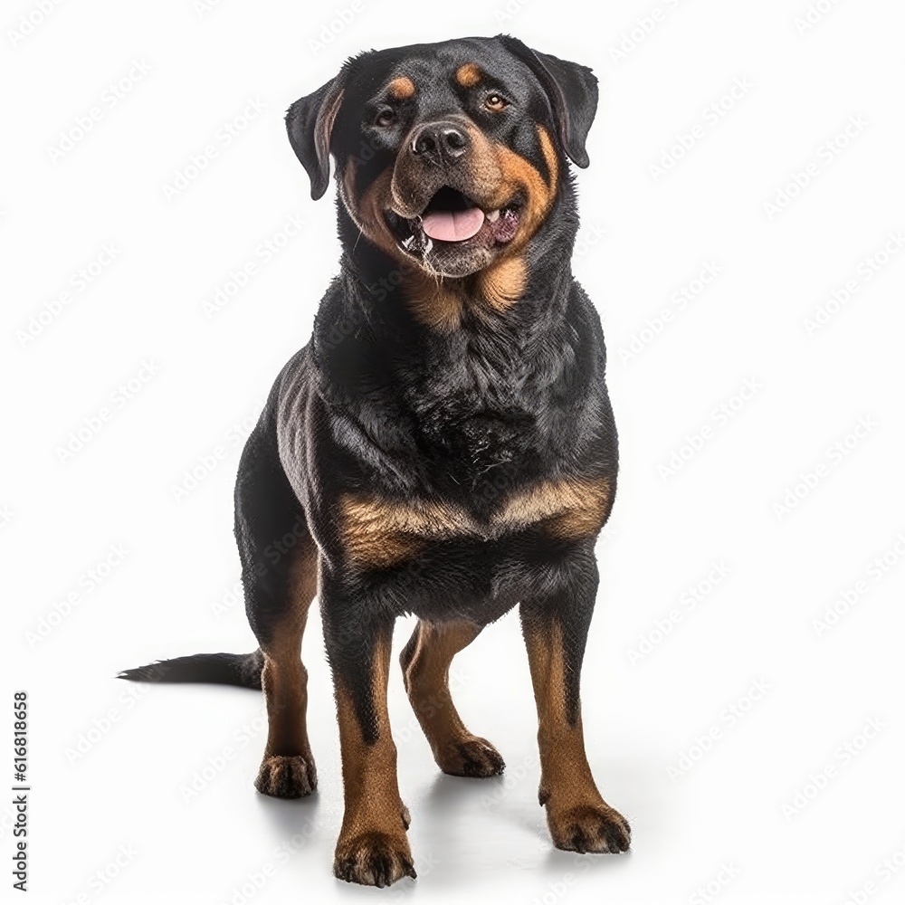 Standing Rottweiler Dog. Isolated on Caucasian, White Background. Generative AI. Standing Rottweiler Dog. Isolated on Caucasian, White Background. Generative AI.