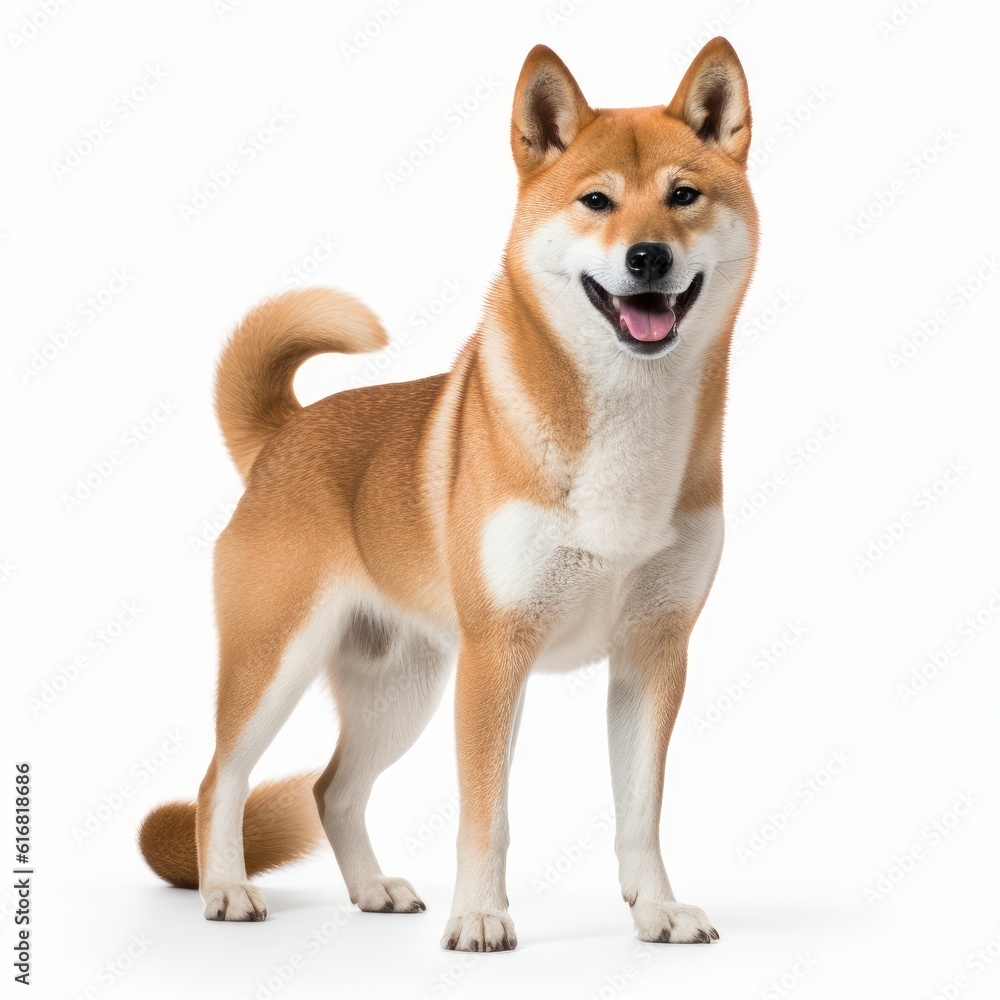 Standing Shiba Inu Dog. Isolated on Caucasian, White Background. Generative AI.